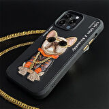 iPhone 15 Pro Max Uyumlu 3D Gözlük Zincir Köpek Detaylı Nakış İşlemeli Kabartmalı Cool Glasses Kılıf