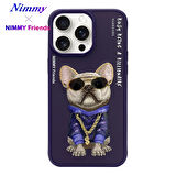 iPhone 15 Pro Uyumlu 3D Gözlük Zincir Mor Köpek Detaylı Nakış İşlemeli Kabartmalı Cool Glasses Kılıf