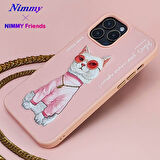 iPhone 15 Pro Uyumlu 3D Gözlük Zincir White Kedi Nakış İşlemeli Kabartmalı Cool Glasses Kılıf