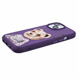 iPhone 15 Uyumlu 3D Kıyafet Mor Ayıcık Detaylı Nakış İşlemeli Kabartmalı Fashion Pet Kılıf