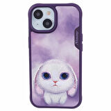 iPhone 15 Uyumlu 3D Göz Mor Tavşan Detaylı Nakış İşlemeli Kabartmalı Big Eyes Kılıf