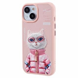 iPhone 15 Uyumlu 3D Gözlük Fermuar Beauty Kedi Nakış İşlemeli Kabartmalı Cool Cute Kılıf
