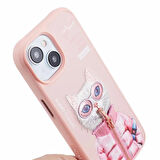 iPhone 15 Uyumlu 3D Gözlük Fermuar Beauty Kedi Nakış İşlemeli Kabartmalı Cool Cute Kılıf