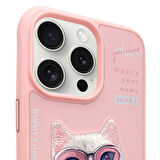iPhone 15 Pro Uyumlu 3D Gözlük Fermuar Beauty Kedi Nakış İşlemeli Kabartmalı Cool Cute Kılıf