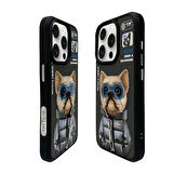iPhone 15 Pro Max Uyumlu 3D Gözlük Fermuar Köpek Detaylı Nakış İşlemeli Kabartmalı Cool Cute Kılıf