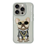 iPhone 15 Pro Uyumlu 3D Gözlük Dolar Zincir Köpek Nakış İşlemeli Kabartmalı Cool Glasses Kılıf