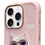 iPhone 16 Pro Uyumlu 3D Gözlük Fermuar Beauty Kedi Nakış İşlemeli Kabartmalı Cool Cute Kılıf