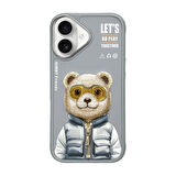 iPhone 16 Uyumlu 3D Gözlük Fermuar Ayıcık Detaylı Nakış İşlemeli Kabartmalı Cool Cute Kılıf