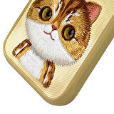 iPhone 16 Pro Max Uyumlu 3D Göz Golden Kedi Detaylı Gerçek Nakış İşlemeli Kabartmalı Big Eyes Kılıf