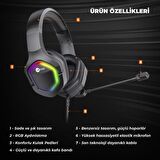 Lenovo Lecoo HT403 Kulak Üstü RGB Gaming Oyuncu Kulaklığı 3.5mm Jack + USB