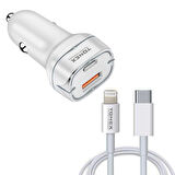 Tonex LA-38W PD + USB-A Type-C to Lightning Kablolu Araç İçi Şarj Aleti Set