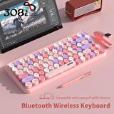 Bluetooth Klavye 84 Tuşlu Kablosuz Bluetooth Estetik Klavye Sevimli Retro Yuvarlak Tuş Başlıklarb Android Windows Mac ile Uyumlu Rahat Ergonomik Daktilo Klavye F308i (Açık Pembe)