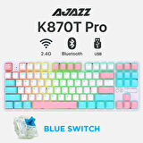 Ajazz K870T Pro Kablosuz Hot Swap Mekanik Oyun Klavyesi-RGB - 10 Adet Switch, Tuş ve Switch Sökme Aparatı Hediyeli (Beyaz - Blue Switch)