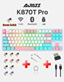 Ajazz K870T Pro Kablosuz Hot Swap Mekanik Oyun Klavyesi-RGB - 10 Adet Switch, Tuş ve Switch Sökme Aparatı Hediyeli (Beyaz - Brown Switch)
