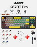 Ajazz K870T Pro Kablosuz Hot Swap Mekanik Oyun Klavyesi-RGB - 10 Adet Switch, Tuş ve Switch Sökme Aparatı Hediyeli (Siyah - Brown Switch)
