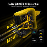Aohi Magcube 3 Portlu Şarj Adaptörü, 140W Şarj Cihazı, GaN+ 100W Hızlı Şarj İstasyonu, Sarı
