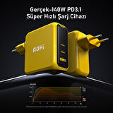 Aohi Magcube 3 Portlu Şarj Adaptörü, 140W Şarj Cihazı, GaN+ 100W Hızlı Şarj İstasyonu, Sarı