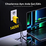 Aohi Magcube 3 Portlu Şarj Adaptörü, 140W Şarj Cihazı, GaN+ 100W Hızlı Şarj İstasyonu, Sarı