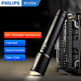Philips SFL2124 250 Lümen 5W Led El Feneri Teleskopik Zoom Sos Modlu Metal Gövdeli Şarj Edilebilir Uzun Menzilli Flashlight