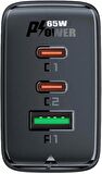 ACEFAST Duvar Hızlı Şarj Başlığı Type-C ve USB Çıkış PD65W Telefon ve Tablet GaN (2xUSB-C + USB-A) EU A41 Siyah