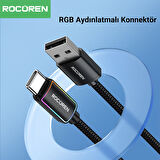 Rocoren Type-C to USB-A RGB Aydınlatmalı 3A Hızlı Şarj ve Data Kablosu 1 Metre