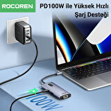 Rocoren 6 Portlu 4K 30Hz Gigabit Ethernet 3*USB3.0 PD 100W Destekli Hub Çoklayıcı