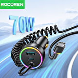 Rocoren 70W 3 Portlu 2*Type-C 1*USB-A Spiral Kablolu LED Işıklı Araç İçi Hızlı Şarj Cihazı