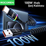 Rocoren 100W 7A Spiral RGB LED Işıklı Spiral Type-C Hızlı Şarj ve Data Kablosu 1.6 Metre