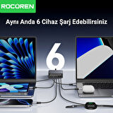 Rocoren 200W Gan 6 Portlu Şarj Cihazı 4*Type-C 2*USB-A Macbook iPhone Samsung Uyumlu Şarj İstasyonu