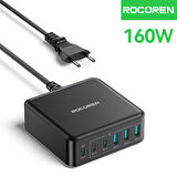 Rocoren 160W 3*Type-C ve 3*USB-A 6 Portlu Şarj Cihazı Laptop Uyumlu GaN Masaüstü Şarj İstasyonu