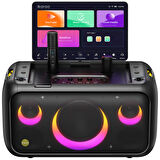 Ikarao Partybox Break X1 800W Karaoke Bluetooth Hoparlör Seti, 13.3" Dahili Tablet, 2 Kablosuz Gizlenebilir Otomatik Şarjlı Mikrofon, RGB Işıklı Taşınabilir Ses Bombası Siyah