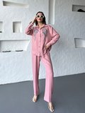 İşleme Detaylı Gömlek & Pantolon Keten İkili Takım