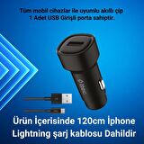 Ttec 1x USB Girişli 120CM İphone Lightning Şarj Kablolu Araç Şarj Cihazı, 12/24V Çakmaklık Girişli Akım Korumalı