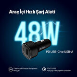 Ttec Süper Hızlı 48W 1xUSB ve 1x Type-C Araç Şarj Cihazı, 12/24V Çakmaklık Girişli Akım Korumalı