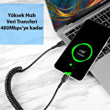 Polham 3A 60W Spiral Type C to Type C Şarj ve Data Kablosu,1-1,5 Metre Kısayıp Uzayabilen Elastik Kablo