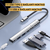 Polham 5in1 3x Type C ve 2x USB Girişli Type C Çoğaltıcı Dönüştürücü HUB Adaptör, Ses, Veri, Güç Aktarım