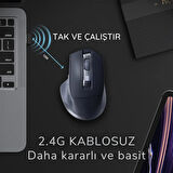 Polham 500mAh Bataryalı Şarj Edilebilir Süper Sessiz ve Ergonomik Kablosuz Mouse, 2400DPI Gecikmesiz Mouse