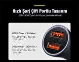 Baseus 60W Ultra Hızlı 2 USB Çıkışlı Araç Çakmaklık Şarj Adaptörü, 12V-24V Uyumlu Araç Şarj Başlığı