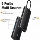 Baseus 100W 5 Portlu Type-C HUB Adaptör Çoklayıcı HDMI 4K 3*USB 3.0 PD Girişli Typce Hub
