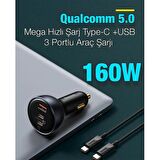 BASEUS 160W Araç Çakmaklık Şarj Ve Kablo Qualcomm 5.0 Mega Hızlı Şarj 160W Type-C +USB