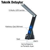 Polham 7in1 15W Kablosuz Şarjlı Katlanabilir Masa Lambası, 3 Modlu Işık, Saatli,Alarmlı Masa Lambası