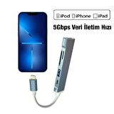 Polham İpad, İphone Lightning Girişli 5in1 Çoğaltıcı Hub, 2x USB,  1x Type C, 1x SD, 1x TF Okuyucu