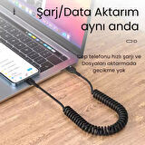 Polham 5A 66W Spiral USB to Type C Şarj ve Data Kablosu,1-1,5 Metre Kısayıp Uzayabilen Elastik Kablo