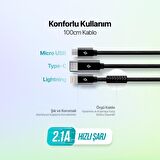 Ttec 100CM 2.1A Süper Hızlı 3in1 USB to Type-C, Lightning, Micro USB Data Şarj Kablosu, Halat Kopmaz