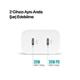 Ttec Gan 50W 2x PD Type C Girişli Süper Hızlı Şarj Aleti, Isı ve Akım Korumalı Şarj Adaptörü Başlığı