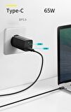 Baseus Gan 65W Ultra Hızlı ve Akım Korumalı Şarj Adaptörü, 1x PD Type C ve 1x USB Girişli Başlık