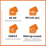 Polham 10in1 100W Type C Çoğaltıcı HUB, 1x Type C, 3x USB, 1x HDMİ, 1x RJ45, 1x SD/TF, 1x VGA, 1x 3.5MM Aux