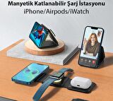 Polham 3in1 15W İphone, Airpods ve Apple Watch Uyumlu Şarj İstasyonu Manyetik Katlanabilir Magsafeli Manyetik Kablosuz Şarj Aleti