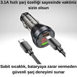 Polham HC 48W 1x Type-C 1x USB Girişli ve 1mt Type-C Kablolu Araç Şarjı,Akım,Voltaj,Isı Korumalı
