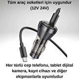 Polham HC 48W 1x Type-C 1x USB Girişli ve 1mt Type-C Kablolu Araç Şarjı,Akım,Voltaj,Isı Korumalı